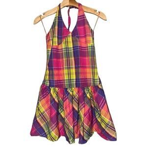 Ralph Lauren Girls 16 Purple Pink Yellow Plaid Pleated Hem Cotton Halter Dress